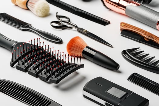 Pattern of various shaving and bauty care accessories for men on gray background photo