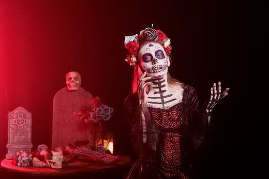 Portrait of woman in telephone call during Day of the Dead Mexican celebration honoring dead loved ones. Person talking on cellphone while doing ancient Aztec custom of celebrating ancestors photo
