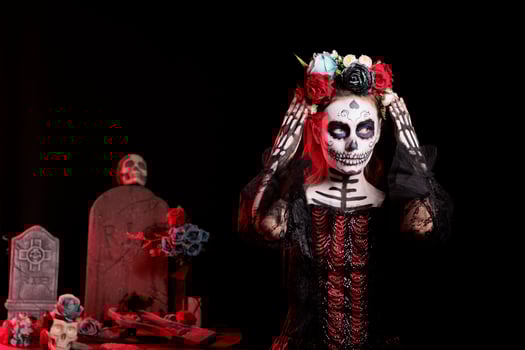 Woman participates in Day of the Dead Mexican event honoring dead loved ones, building altar for them. Lady doing ancient Aztec custom of celebrating ancestors, putting on flower crown photo