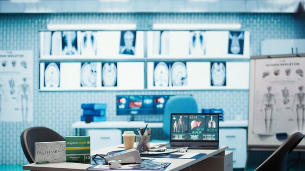 Spacious and empty healthcare office with modern medical equipment, designed for patient care and treatment. Emphasizing the importance of examinations with a stethoscope. Close up. photo