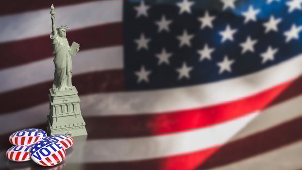 The brooch vote and statue of liberty on USA flag for U.S. presidential election concept 3d rendering. photo