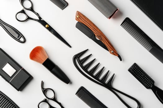 Pattern of various shaving and bauty care accessories for men on gray background photo