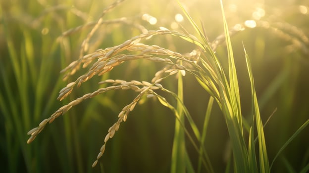 Golden rice stalks sway gently in the warm sunlight of a rural field during late afternoon photo