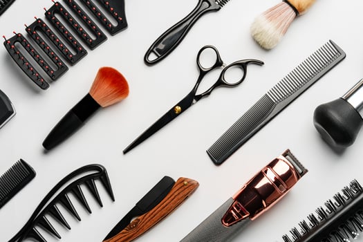 Pattern of various shaving and bauty care accessories for men on gray background photo