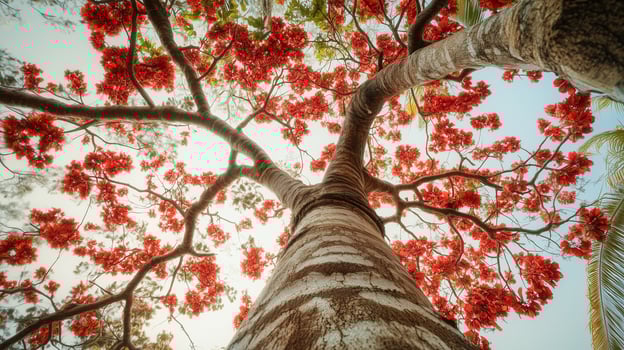 Captivating tree trunk wood with orange blossom from low angle view perspective and blue sky photo