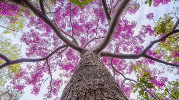 Captivating tree trunk wood with purple blossom from low angle view perspective and blue sky photo