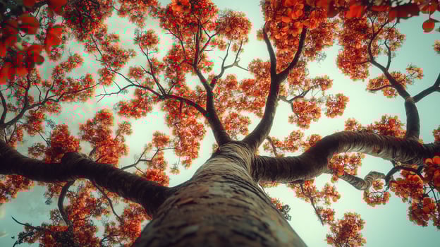 Captivating tree trunk wood with orange blossom from low angle view perspective and blue sky photo
