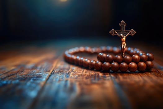Wooden rosary beads with crucifix resting on rustic tabletop photo