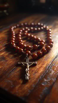 Wooden rosary beads with silver crucifix resting on tabletop photo