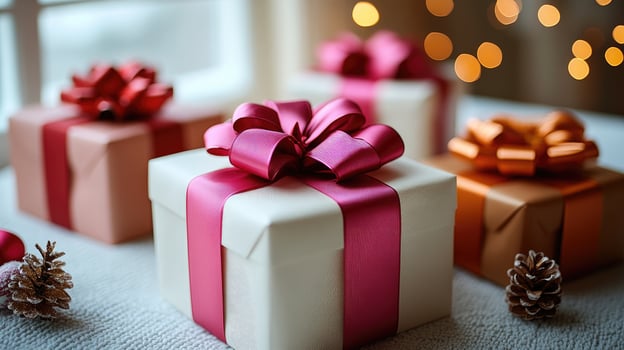 Various beautifully wrapped gift boxes with ribbons. photo
