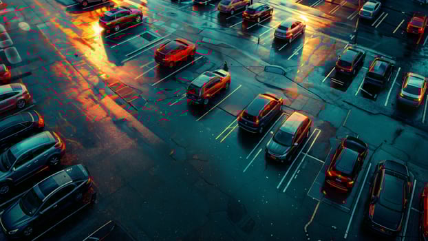 An aerial view of a parking lot with cars photo