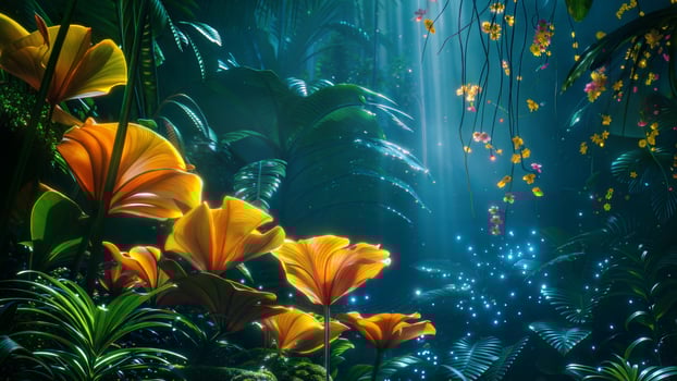 An image of a jungle scene with flowers and plants photo