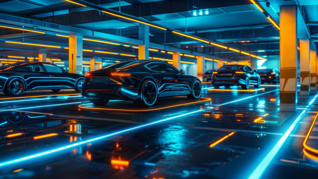Autonomous vehicles in a parking garage with neon lights photo
