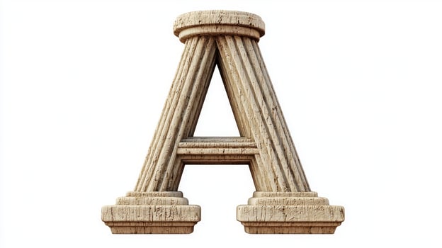 elegant letter A, designed with a textured antique column appearance, stands prominently against a pristine white background, inviting creativity and admiration. photo