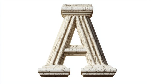 letter A, composed of intricately designed antique columns, stands out against a clear white background, merging classical architecture with modern aesthetics. photo