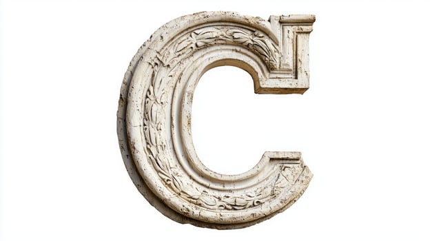 beautifully crafted letter C featuring an intricate antique column texture is showcased against a clean white background, highlighting its artistic details. photo