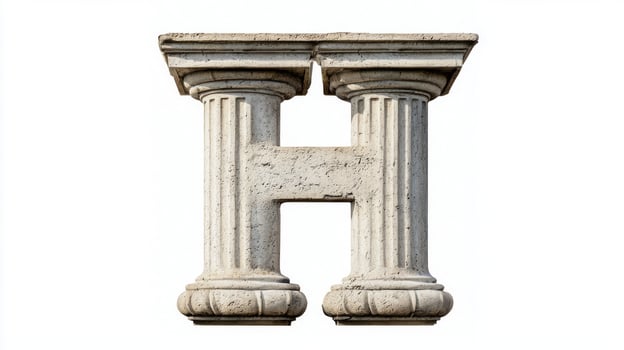 letter H emerges from intricately designed antique columns showcasing Greek architectural style. This unique design stands out vividly on a clean white backdrop. photo