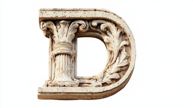 letter D showcases a beautifully crafted antique design featuring a detailed column texture. Its elegant form stands out crisply against the soft white background, attracting attention. photo