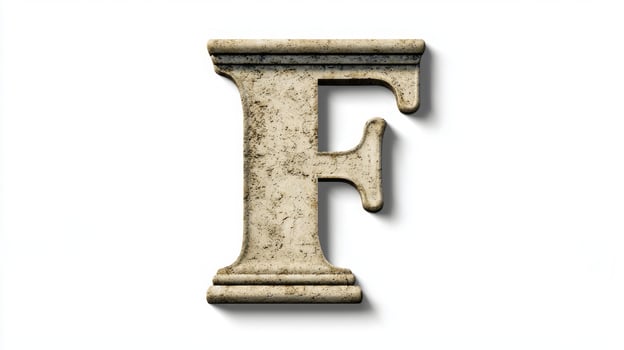 letter F stands prominently, crafted with an antique column texture that conveys a sense of history and artistry against a crisp white backdrop. This piece exemplifies unique design. photo