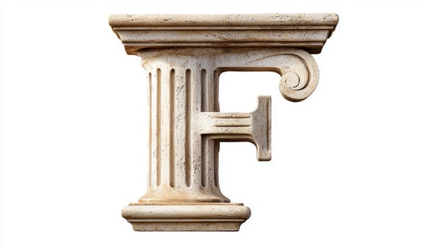 letter F stands out as an exquisite creation shaped like an antique column, featuring detailed textures and classic architecture against a pristine white backdrop. photo