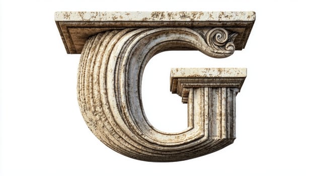 letter G stands prominently with an antique column design, boasting rich textures and details, isolated against a clean white background that enhances its classic beauty. photo