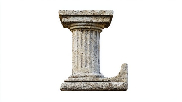 striking letter L, inspired by an antique column design, features detailed textures that highlight its historical elegance against a pure white backdrop, perfect for artistic displays. photo
