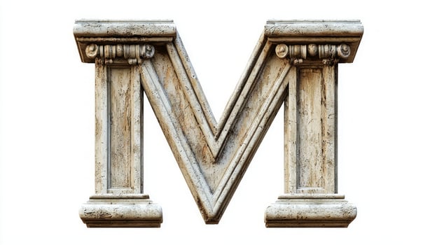 beautifully crafted letter M showcases intricate antique column textures, set against a pristine white backdrop, perfect for unique design applications and artistic inspiration. photo