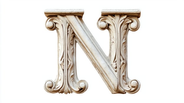 letter N is beautifully crafted with an antique column texture, showcasing intricate details against a pristine white backdrop, perfect for creative projects. photo