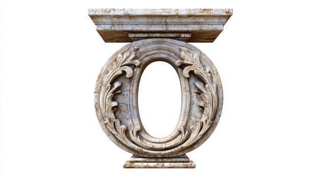 letter O is presented in an antique column style, showcasing detailed textures that evoke a sense of history and artistry against a bright white backdrop. photo