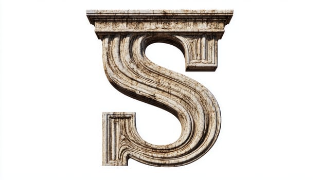 elegant letter S, crafted with an antique column texture, stands prominently against a white background, showcasing its detailed artistry and historical charm. photo