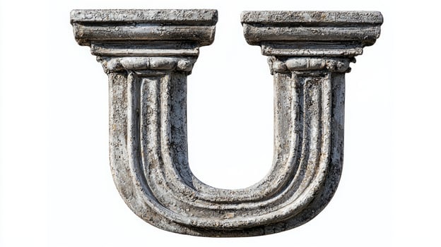 letter U, crafted from antique column materials, features detailed textures and a timeless quality, standing out vividly against a clean, white backdrop. photo