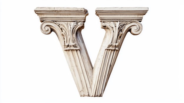 Delve into a stunning representation of the letter V, crafted with an elaborate antique column texture, perfect for artistic projects and design inspiration. photo