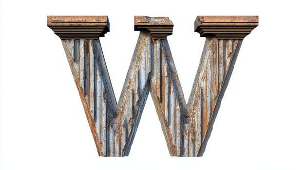 letter W stands tall, featuring a beautifully aged column texture, displaying rustic colors and intricate carvings, perfectly isolated on a white background. photo