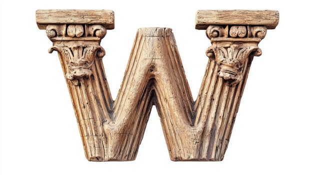 antique letter W stands tall, showcasing intricate column textures that reflect classical architecture. Its elegant design invites artistic exploration and unique styling. photo
