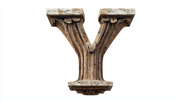 striking representation of the letter Y showcases an antique column texture, blending classical elegance with modern simplicity against a clean white background, ideal for design projects. photo