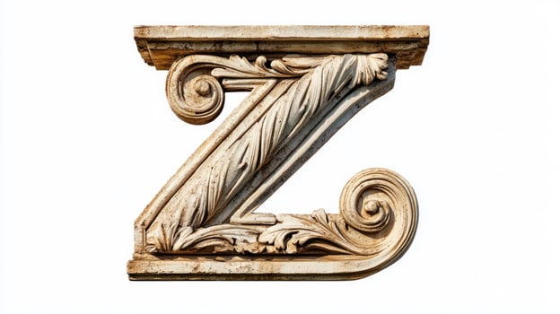 stunning letter Z showcases intricate antique column textures, beautifully highlighting craftsmanship against a clean white backdrop, perfect for creative endeavors and design inspiration. photo