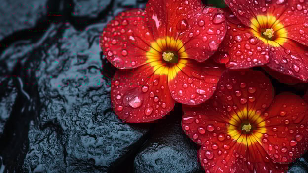 Delicate primrose flower with dew drops on dark stone with puddles of water photo