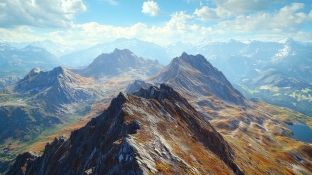 A panoramic view from the highest peak. Scenic views on mountain peaks photo