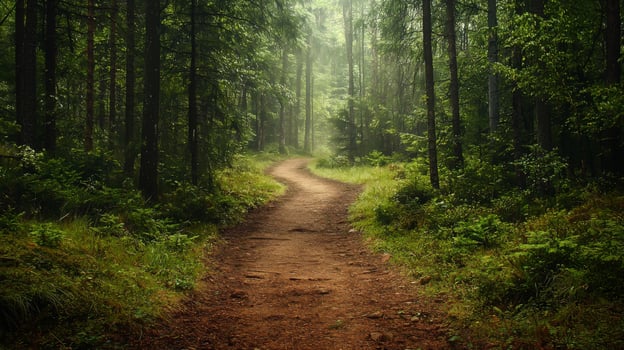 Nature trail and hiking path in forest. Forest scene with hiking path, straight trail through forest photo