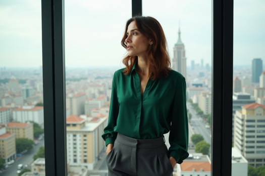 person executive standing and thinking with building tower in background at the office photo