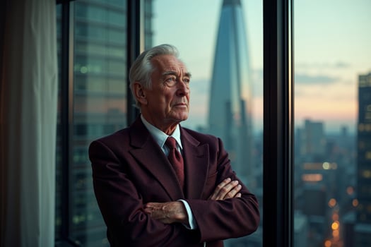 person executive standing and thinking with building tower in background at the office photo