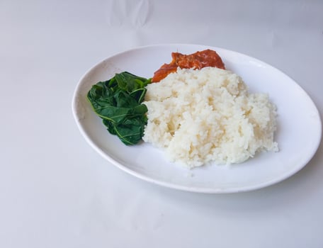 rice with padang rendang chicken side dish and cassava leaf vegetables on a white plate isolate on white photo