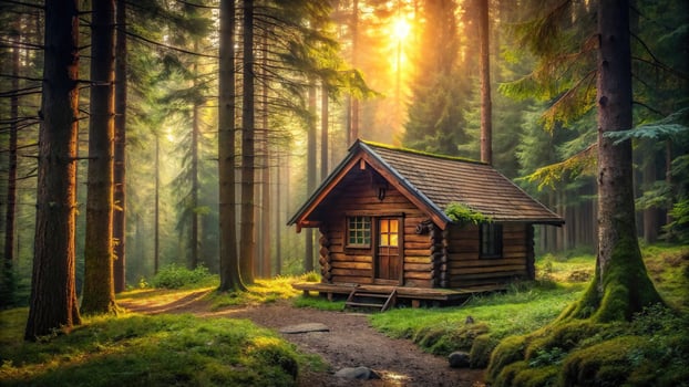 Cozy cabin in forest with forced perspective photo