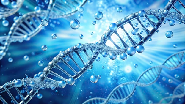 DNA molecules floating on bright blue water background photo