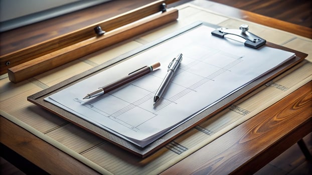 future creative workspace with pen on architectural master plan photo