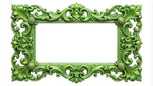 Elegant green ornate frame on white background with copy space symmetrical photo