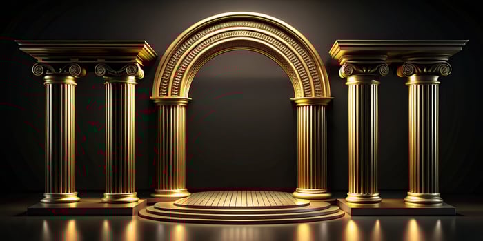 Elegant golden podium with classical columns and arch Worm's Eye View photo