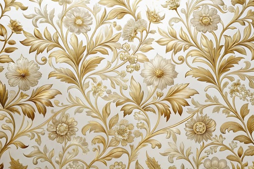 Elegant metallic floral wallpaper in white and gold composition, medium shot photo