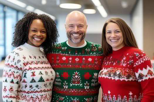 Smiling friends wearing festive Christmas sweaters. Holiday season in a cheerful atmosphere photo