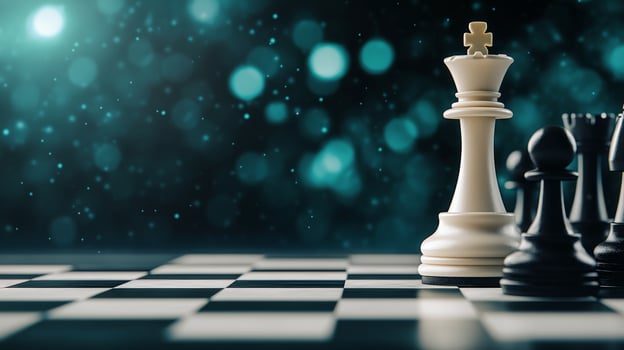 Chess pieces on a cosmic-themed board during an intense game under starry night sky photo